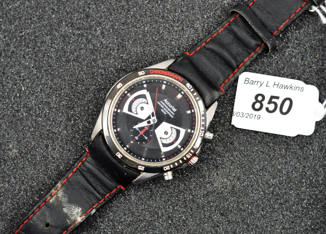 ACCURIST WRIST WATCH BLACK DIAL BLACK WITH RED: ACCURIST WRIST WATCH BLACK DIAL BLACK WITH RED STITCHING LEATHER STRAP 3 SUBSIDIARY DIALS