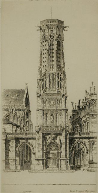 John Taylor Arms St. Germain L'Auxerrois Etching: John Taylor Arms (American 1887-1953) St. Germain L'Auxerrois, Paris, 1928 etching, dated and signed in plate lower left "Arms, 1928", titled in plate lower right "St. Germain l'Auxerrois", signed and