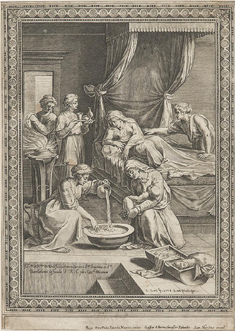 CORNELIS CORT, sculpit, TADDEO Y FEDERICO ZUCCARO,: CORNELIS CORT, sculpit 1533 - 1578 TADDEO Y FEDERICO ZUCCARO, pinxit “Nacimiento de la Virgen”. Antwerp, 1578 Copper engraving (trimmed margins) Signed and titled Measurements 31.5 x 22.3 cm sheet