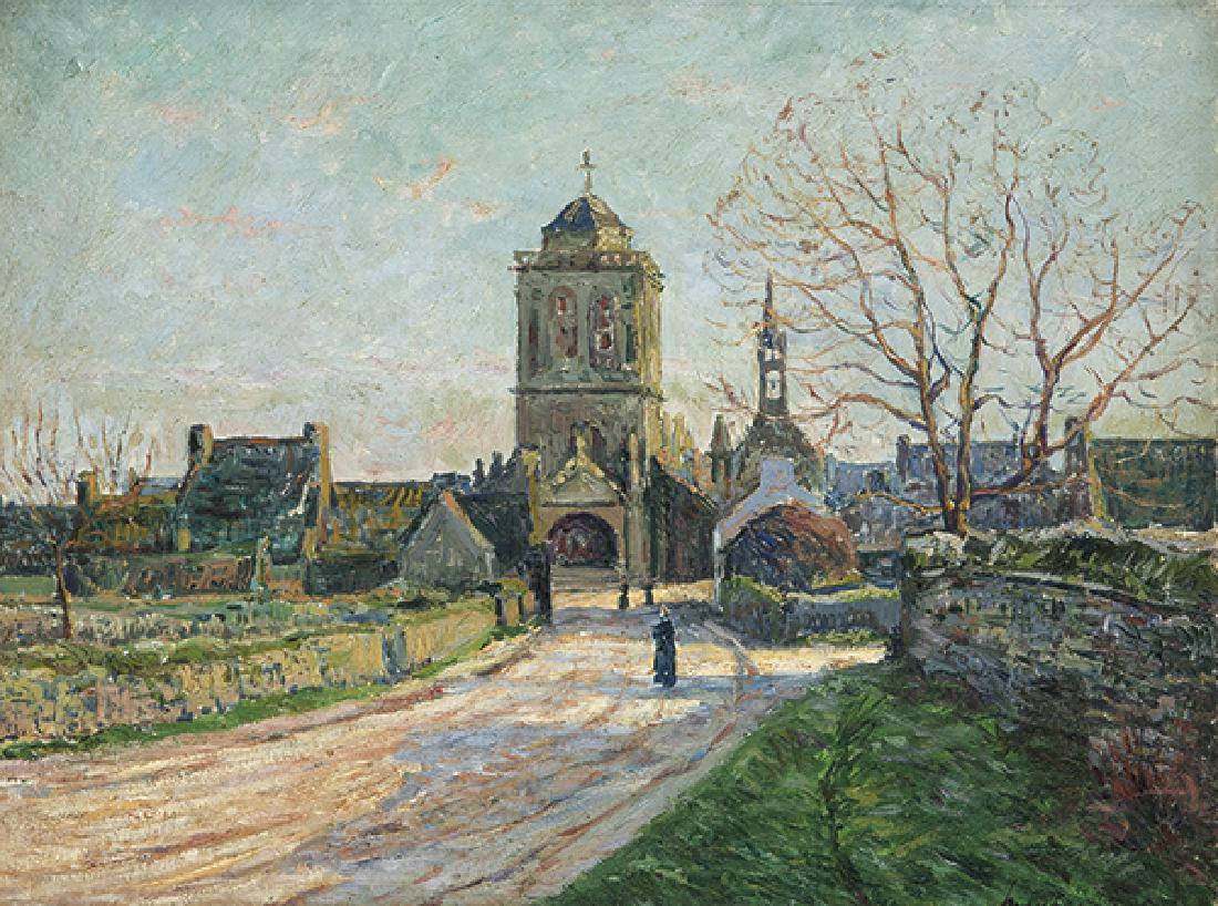 MAXIME MAUFRA - “L'arrivei à Locronan. Finisterre,: MAXIME MAUFRA Nantes, France 2861-Sarthe, France 1918 “L'arrivei à Locronan. Finisterre, soleil d'hiver”. 1905 Oil on canvas Signed and dated 1905 Measurements 60 x 80 cm Certificate signed by Md