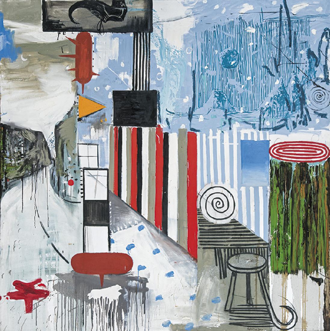 ABRAHAM LACALLE - “Viaje a la luna en el exterior”.: ABRAHAM LACALLE Almería 1968 “Viaje a la luna en el exterior”. 2000 Oil on linen Titled and dated 2000 on the reverse Measurements 200 x 200 cm PROVENANCE(label on the reverse) -Galería Fúcares