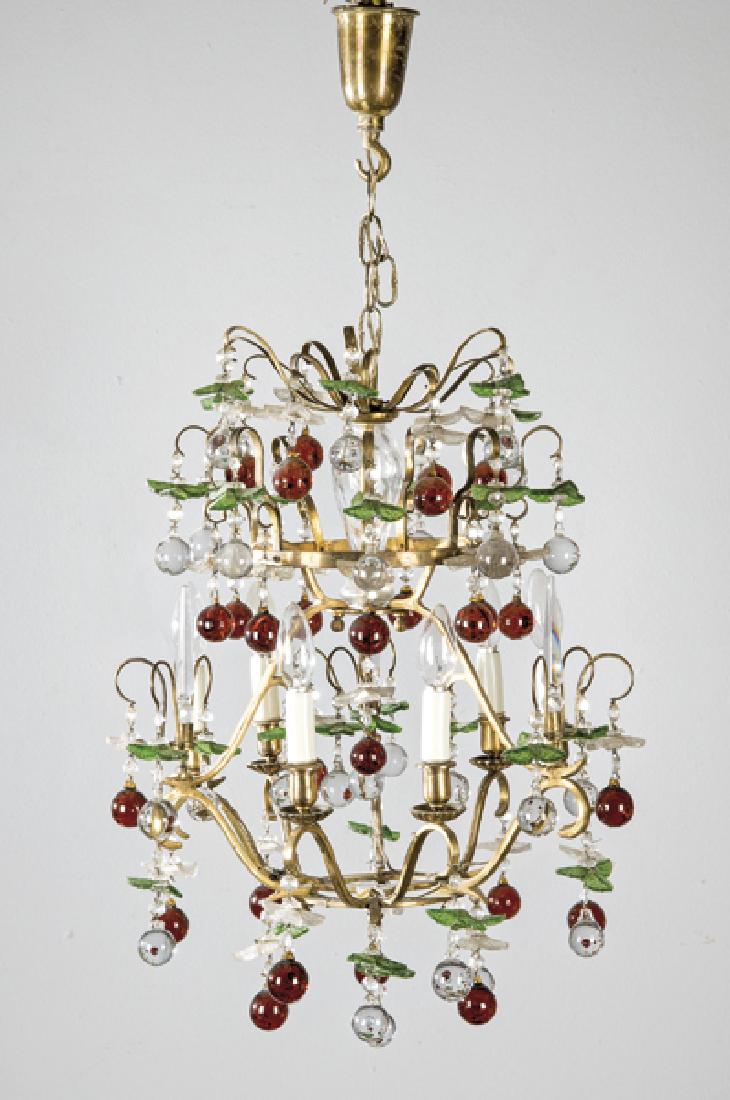 Bohemian glass ceiling lamp, Rafael García, m. 1970: Bohemian glass ceiling lamp, Rafael García, m. 1970With green leaves and red and orange balls.Height: 95 cm