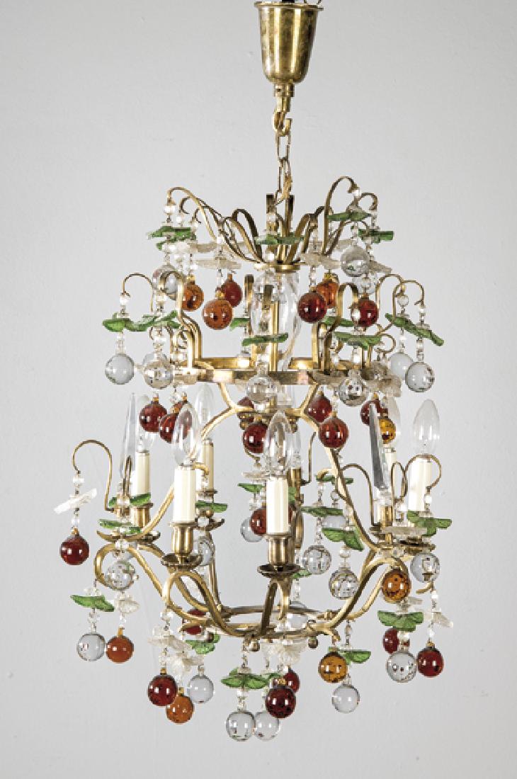 Bohemian glass ceiling lamp, Rafael García, m. 1970: Bohemian glass ceiling lamp, Rafael García, m. 1970With green leaves and red and orange balls.Height: 95 cm.