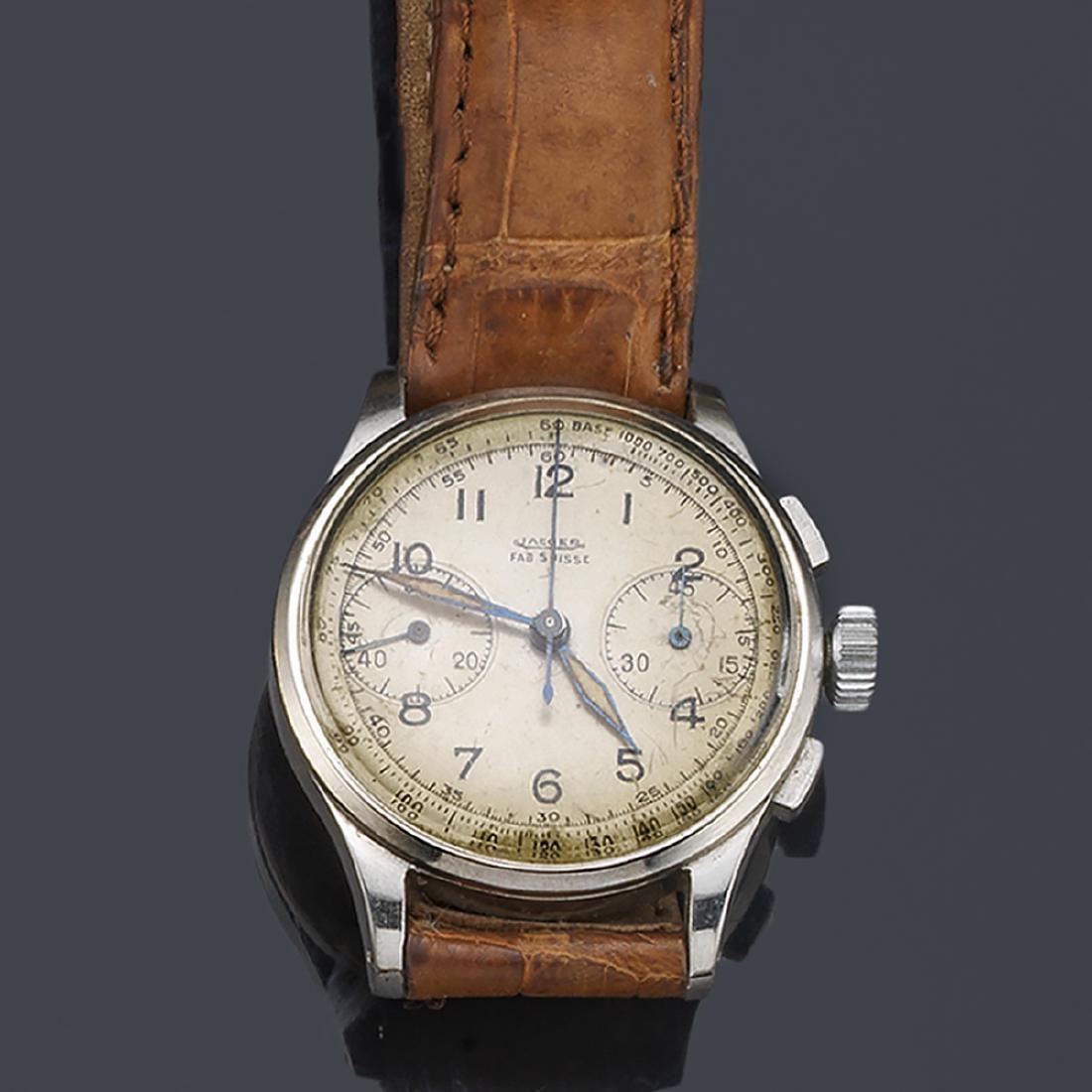 JAEGER Crono nº 1231978- 224112. Men's watch with steel: JAEGER Crono nº 1231978- 224112. Men's watch with steel case. With silver dial and Arabic numerals; two auxiliary dials indicate the constant seconds and the chronograph minutes. Steel case. Winding