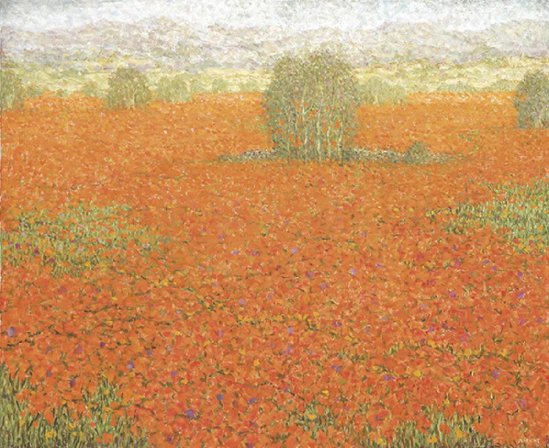 JOHN ULBRICHT - Campos rojos: JOHN ULBRICHT 1926-2006 “Campos rojos. 1993” Oil on canvas Signed Signed, titled and dated 1993 on the reverse Measurements 81 x 100 cm ORIGIN (label on the reverse) -Galería Benlliure, Valencia