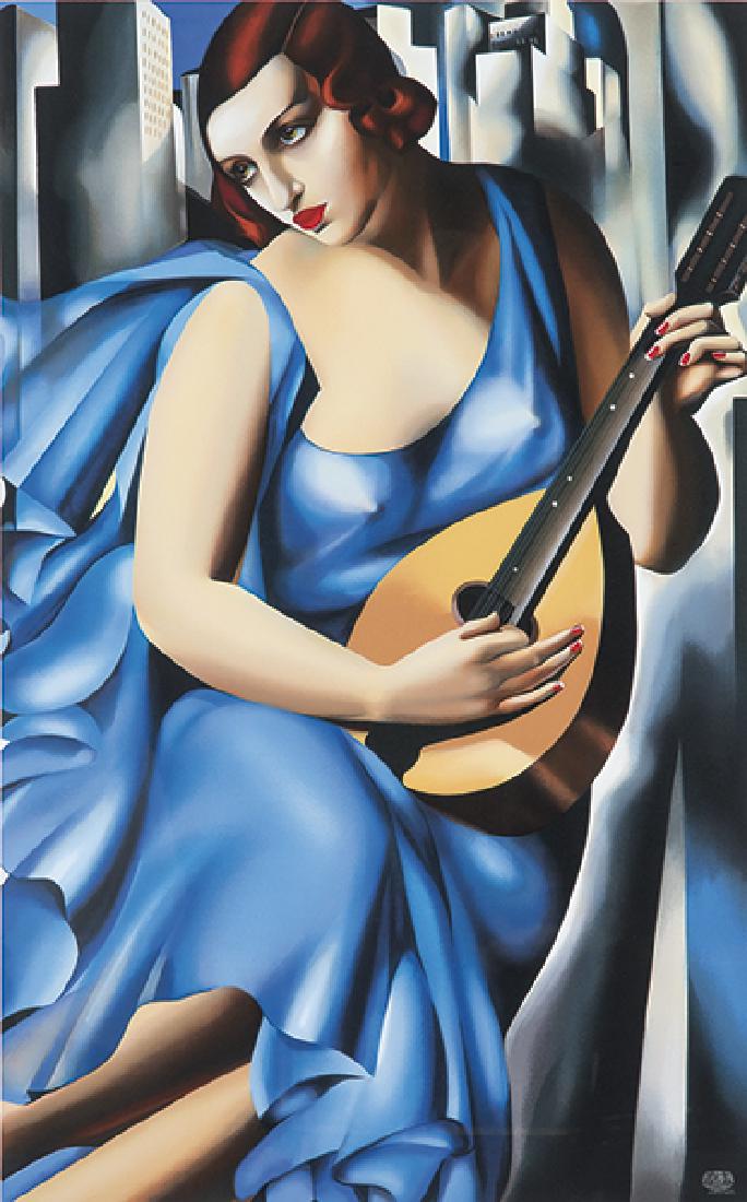 TAMARA DE LEMPICKA - Femme Bleu a la Guitare: TAMARA DE LEMPICKA Poland 1898-Mexico 1980 Femme Bleu a la Guitare. (1929) 1991 Serigraphy on museum board with Estate Tamara of Lempicka’s seal Signed on a tag by Marina de Lempicka on the reverse