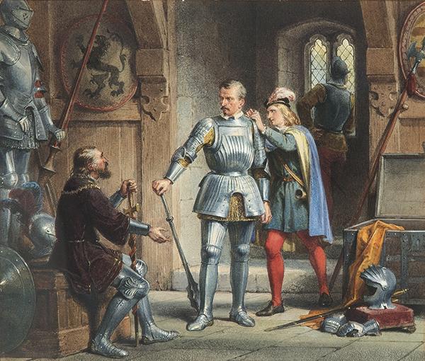 LOUIS HAGHE - Escena medieval con caballeros: LOUIS HAGHE Tournai 1806 - London 1885 Escena medieval con caballeros Watercolor on paper Signed Measurements 26 x 30.5 cm