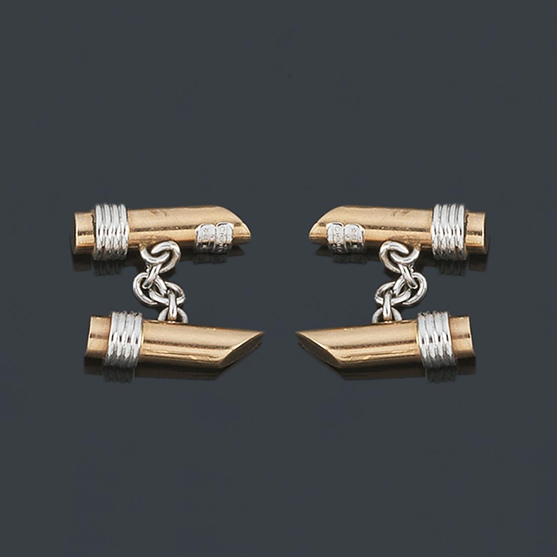CHIMENTO - Cufflinks in tubular design and ribbed motif: CHIMENTO Cufflinks in tubular design and ribbed motif in rose and white gold 18K. Signed.