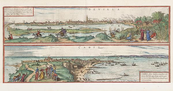 FRANZ HOGENBERGER, JORIS HOEFNAGEL - Sevilla y Cadiz: FRANZ HOGENBERGER, sculpit. (Malinas 1535 - Colonia 1590) JORIS HOEFNAGEL, inv. (1542-1601) Sevilla y Cádiz. Colonia, c. 1572 Copper engraving, vintage color Signed and titled. Size: Belonging to the