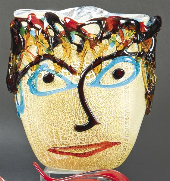 Sergio Costantini (Italy 1956) for Murano: Sergio Costantini (Italy 1956) for Murano Vase with Face In Murano glass with multicolored ribbons applied to the features and hair. Signed Height: 30.5 cms.