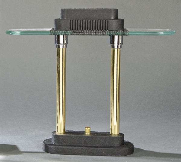 Table Lamp by Robert Sonneman for George Kovacs, 1980s: Table Lamp by Robert Sonneman for George Kovacs, 1980s With two columns of brass and chromed metal with base and matt black metal finish and oblong glass screen fastened with a black metal mesh. Light