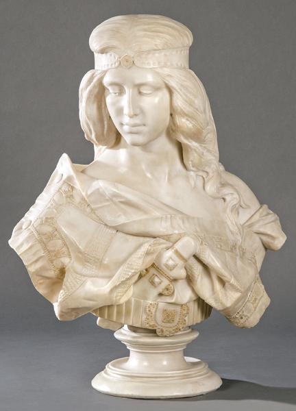 "Warrior woman" Ezio Ceccarelli Italy 1865-1927: Carved marble bust with golden touches. Signed. Height: 71 cms.
