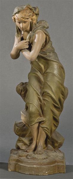 Following Eutrope Bouret (France 1833-1906): Woman in polychrome terracotta first third S. XX. Following the Bouret model of "Woman with Mandolin". Signed. Height: 42 cms.
