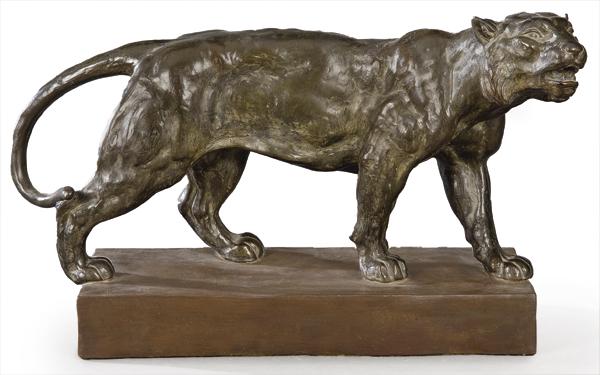 Adolphe Jean Lavergne and Friedrich Goldschider Vienna,: Adolphe Jean Lavergne (1863-1928) and Friedrich Goldschider Vienna beginning of 20th Century. "Tiger" Art Deco figure in patinated terracotta. Signed, numbered and stamped with the Goldscheider compan