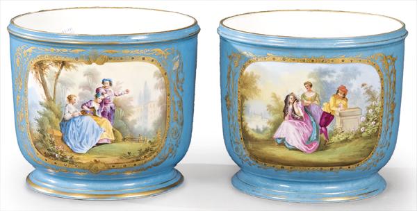 Pair of blue enameled porcelain cachepots with gallant (1 of 1)