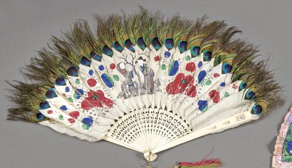 Chinese fan with country of painted peacock feathers, (1 of 1)