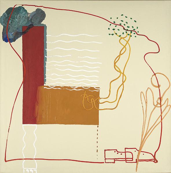 PELAYO ORTEGA: Mieres, Asturias 1956The Bardo. 1997Painting on canvasSigned, titled and dated 1997 on backSizes 150 x 150 cmPROVENANCE (stamp on the back)-Cornión Gallery, Gijón-Private collection