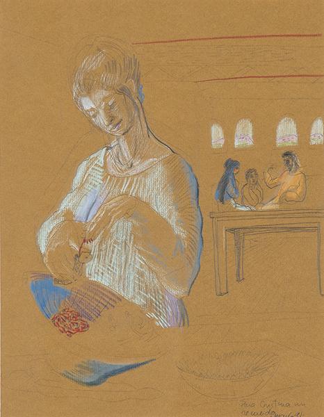 CARLOS FRANCO: Madrid 1951FishwifePastel and pencil on kraff paperSigned and dedicated 1991Sizes 29 x 22 cm.