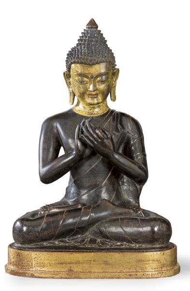 "Shakyamuni Buddha" in patinated and gilt copper alloy (1 of 1)
