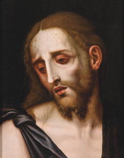 LUIS DE MORALES "THE DIVINE" Badajoz h. 1510 - 1586: "Ecce Homo. c. 1565-1570 Oil on pine board Size 38 x 30 cm Origin: - Collection of Pope Pius IX (wax seal on the back) - Rafael Moreno Collection, Madrid. - Private collection, Madrid. An extensive st