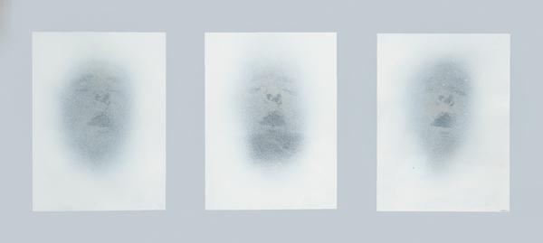 DARIO VILLALBA San Sebastián 1939-Madrid 2018: "Untitled. 1975 Aerosol over photography (triptych) Signed Dated two 1975 Size 24 x 18 cm (each); 33 x 73 cm (total) PROVENANCE(label on the back) Vandrés Gallery, Madrid Particular collection"