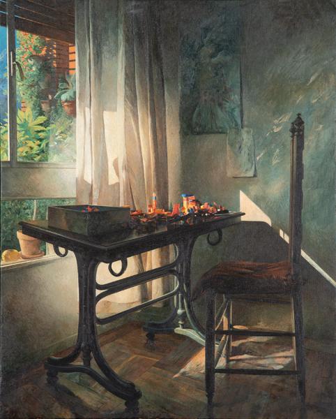 CLARA GANGUTIA San Sebastian 1952: "Juan Cruz's room. 1985 Oil on canvas Signed and dated 1985 Size 81 x 65 cm PROVENANCE Galleria Trentadue, Milan Private Collection EXHIBITIONS 2000 (June 4-July 16), ""Clara Gangutia. Retrospective""