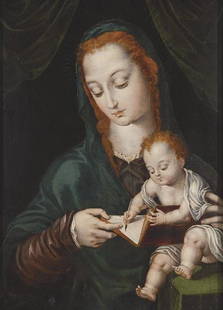 LUIS DE MORALES "EL DIVINO" AND WORKSHOP - The Virgin: LUIS DE MORALES "EL DIVINO" AND WORKSHOP Badajoz h. 1510 - 1586 The Virgin teaching the Child to write Oil on panel Sizes 58.5 x 41.5 cm Provenance: - Private collection, France . - Private collection