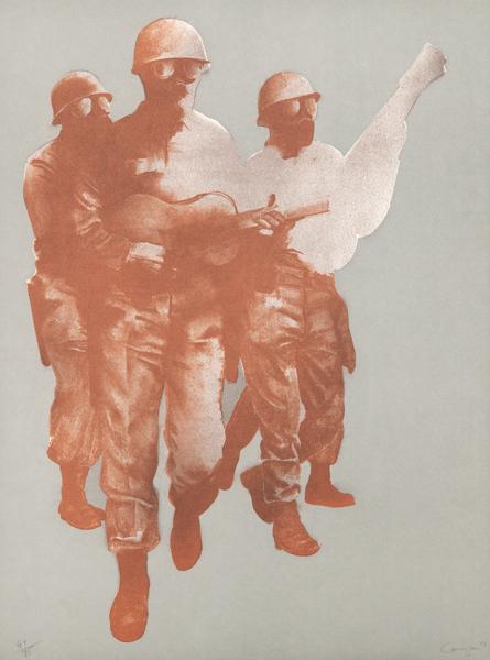 RAFAEL CANOGAR - The Musician Soldiers: RAFAEL CANOGAR Toledo 1935 The Musician Soldiers. 1972 Lithograph and Photolithic on Guarro Paper Signed in pencil and dated 1972 Numbered 41/75 Size 76 x 56 cm Editing and Polygraph Print, Barcelona