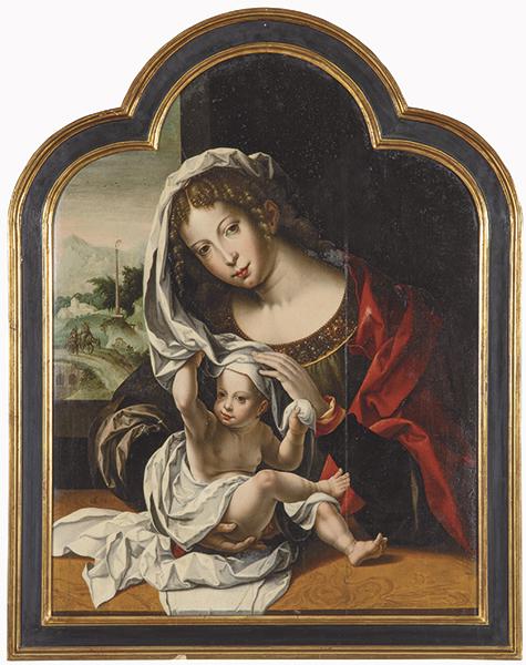 FOLLOWER OF JAN GOSSAERT 16th century- Madonna and: FOLLOWER OF JAN GOSSAERT 16th century Madonna and Child Oil on panel Measurements 95.5 x 72 cm According to the opinion of Max Friedländer collected in the archives of the RKD this work must be a