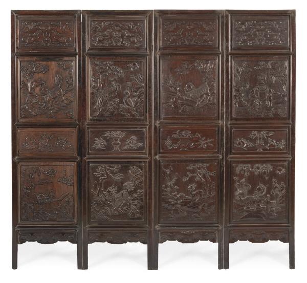 Chinese four-leaf screen carved in relief end 19th (1 of 1)