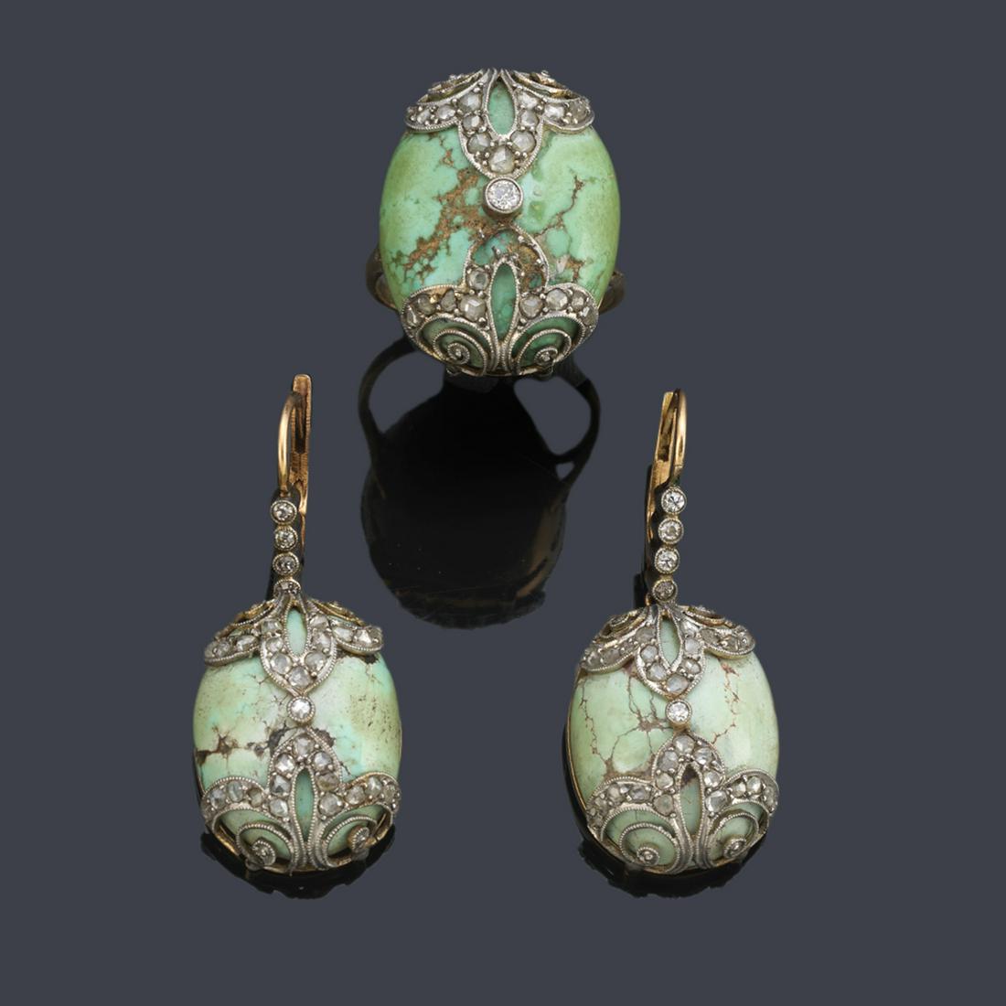 Earrings and ring with a turquoise cabochon piece with (1 of 1)