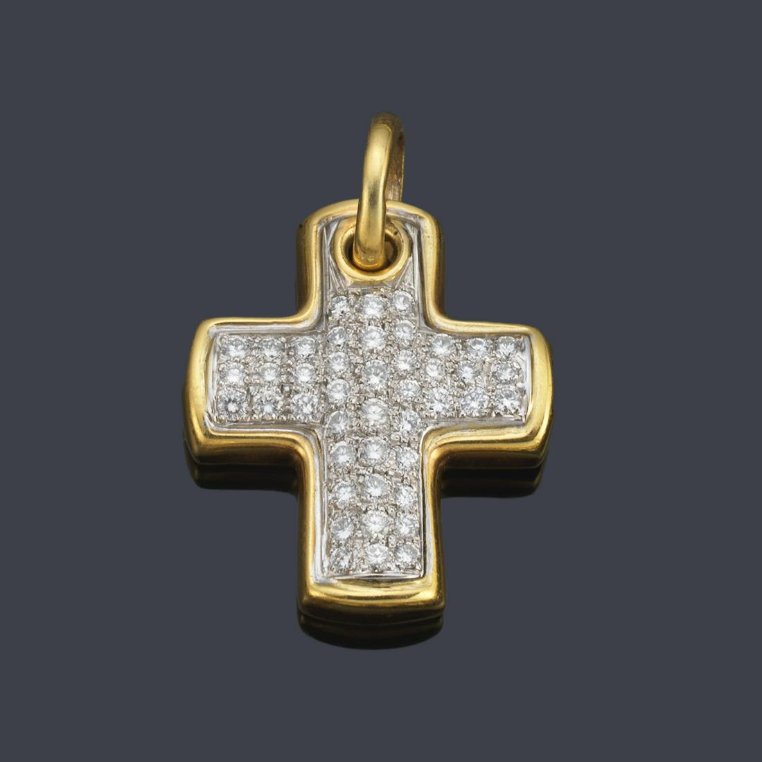 CHIMENTO Cross with diamond pavé set in 18K: CHIMENTO Cross with diamond pavé set in 18K white and yellow gold. Signed.