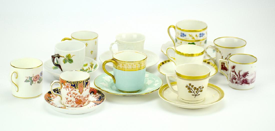 (18) Demitasse Cups & Saucers,19-20th C.: a nice set of demitasse cups and saucers 18 piece in total including : "Mintons" "Royal Crown Derby Imari" "Royal Copenhagen" "Capo Di Monte" et. al. Size: cups appx between 2-3 in. saucers appx 4 1/2