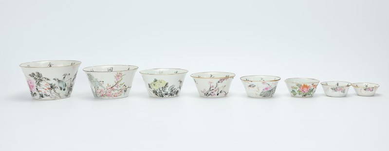 Set (8) Chinese Famille Rose Nesting Bowls,19th C.: Set (7) Chinese Famille Rose nesting bowls, c. 1830, Guangxu period, enamel painted porcelain cup/bowls depicting various village scenes,landscape or birds and flowers edge gilding, chinese calligarph