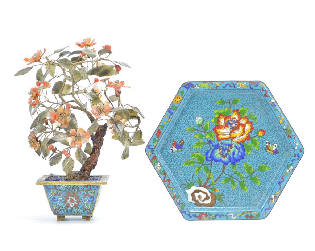 Chinese Jade bonsai plant cloisonne pot with tray: 20th C,Bonsai style - wrapped wire plant with Jade and Agate flowers & leaves in a multicolored floral theme cloisonne pot. Sits atop a matching 6 sided cloisonne tray featuring lotus blossoms and but