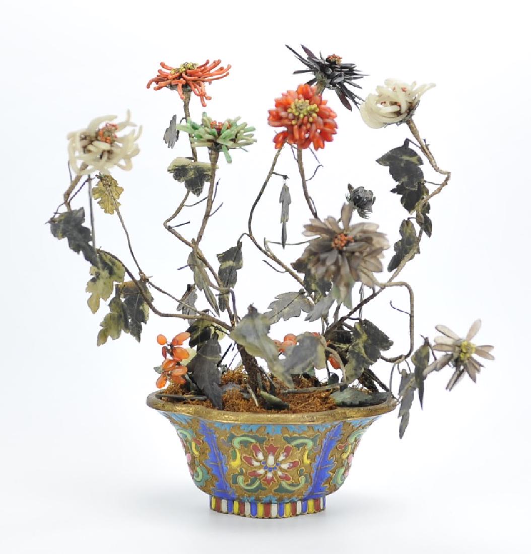 Chinese Cloisonne Pot w/ Jade Flowers, Qing D.: Bonsai style - beautifully wrapped wire plant with Jade and Agate flowers & leaves in a multicolored floral theme Cloisonne pot H. 13 3/4 in.(35cm) W. 14 in. (35.5 cm) D. 13 in. (33 cm) Condition: ove