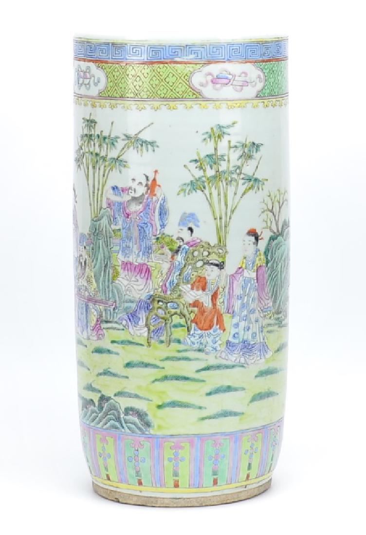 Large Chinese Famille Rose Umbrella Vase,19th C.: large famille rose umbrella vase painted with 9 figures geting together one old man is playing old Chinese Zither in the middle.others are holding scroll,holding wine vessel ,reading book in front of 