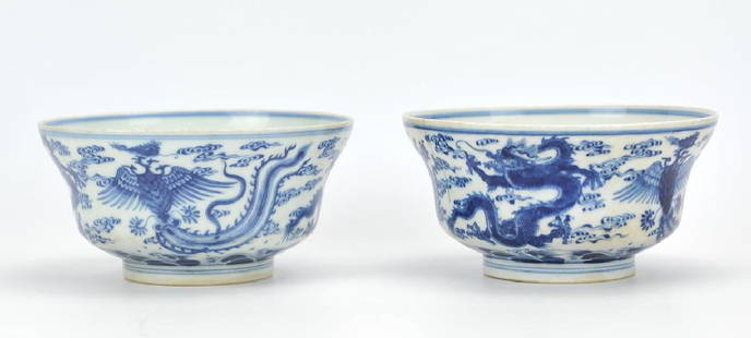 A Pair Of Chinese Blue And White Bowls,20th C: Chinese Blue and White Dragon and Phoenix Bowls. the fine Chinese porcelain blue and white bowls are decorated with dragons and phoenix birds, center decorated with crane amidst auspicious clouds. Dia