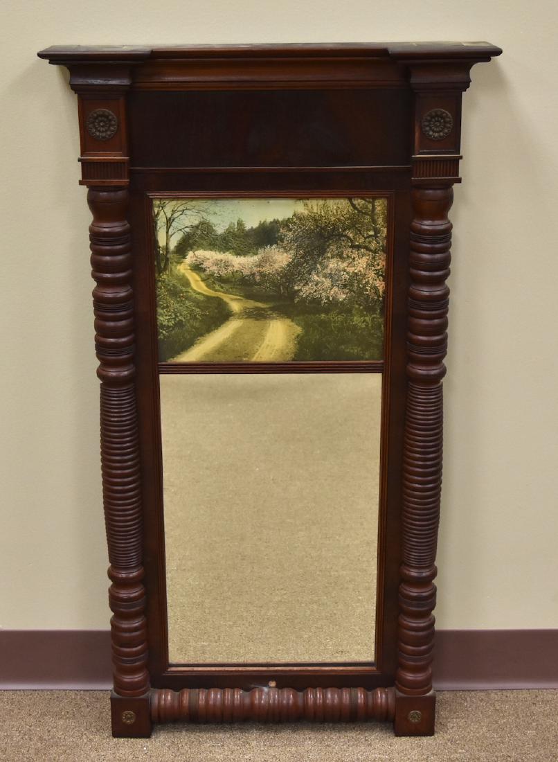 Federal Mirror; Mahogany, Circa 1820: A Federal Mirror, all original, circa 1820, mahogany with carved ring-turned columns and brass patarae with colored print of blossoming trees alongside a country lane. H: 38 1/2" W: 21" (50.4cm) Prove