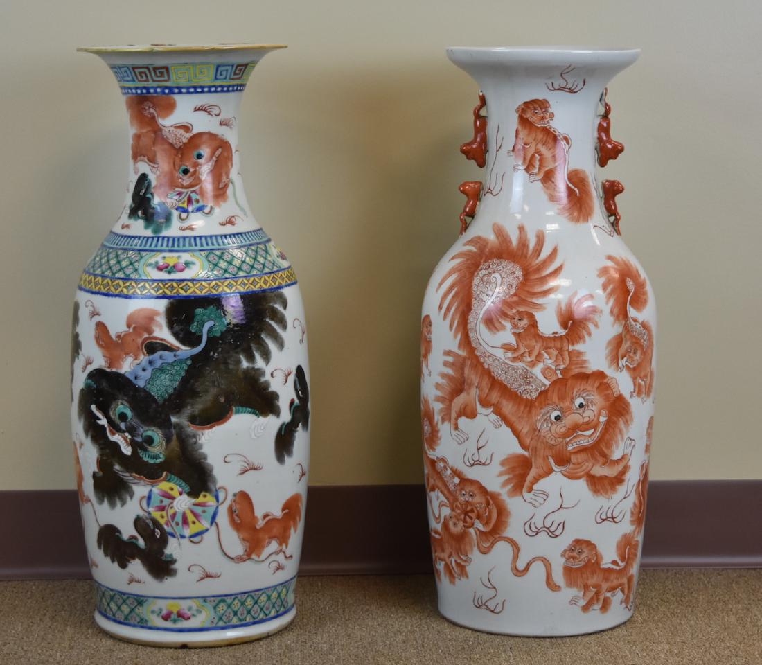 Two Large Famille Rose Vases, 19th C.: two large vases in baluster shape with double pierced foo dog shape handles and flared top, one hand painted with iron red mother lion playing with her baby lions, Chinese peom is written on the other
