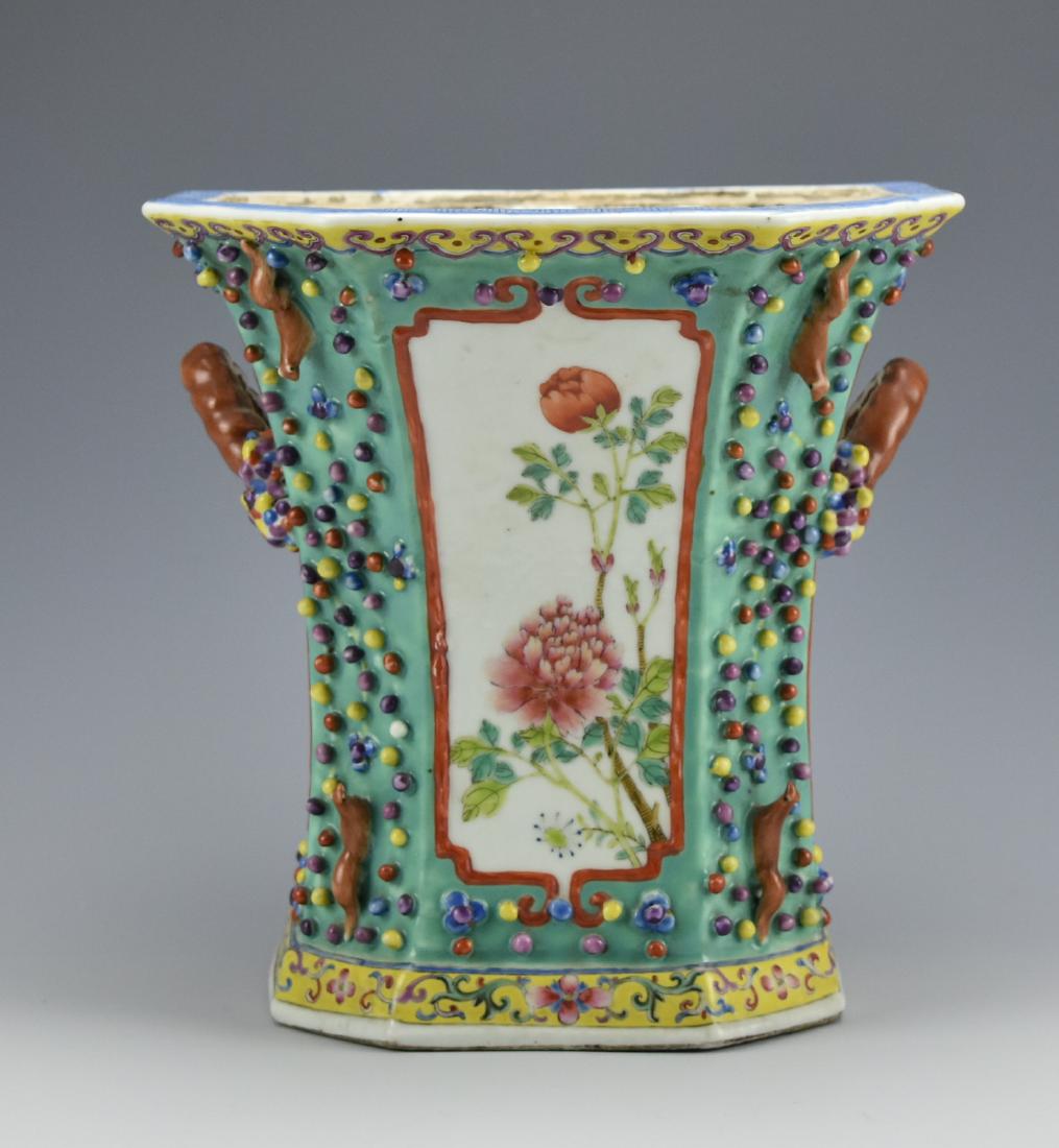 Chinese Famille Rose Bough Pot, JiaQing Peirod: Chinese Export Jiaqing Porcelain Bough Pot ,famille rose polychrome enameling with panels of blossoming flowers. Turquoise ground with applied squirrels and beading. Red enameled Jiaqing seal mark on 