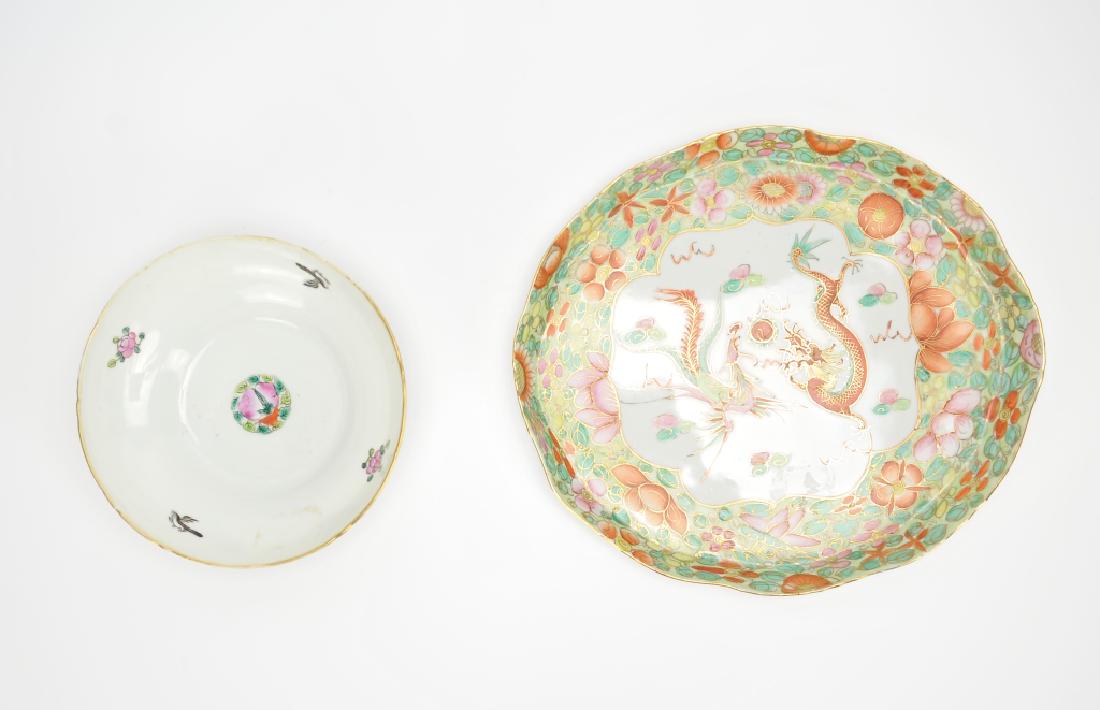 Chinese Famille Rose Tongzhi Bowl and Tea Tray: Bowl: Black & white sparrows and pink & green flowers decorate the interior of the bowl, with multicolored moths, bamboo, and floral motives circling the exterior surface. Minor wear is evident in the