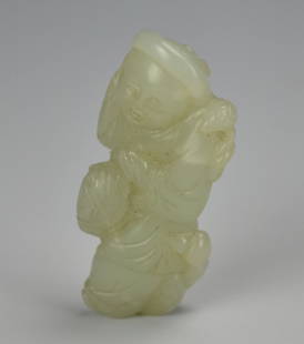 Chinese Jade Horse Riding Man,19th C.: A small, pale, jade carving of a man figure riding on a horse. H: 2" (5.1cm)