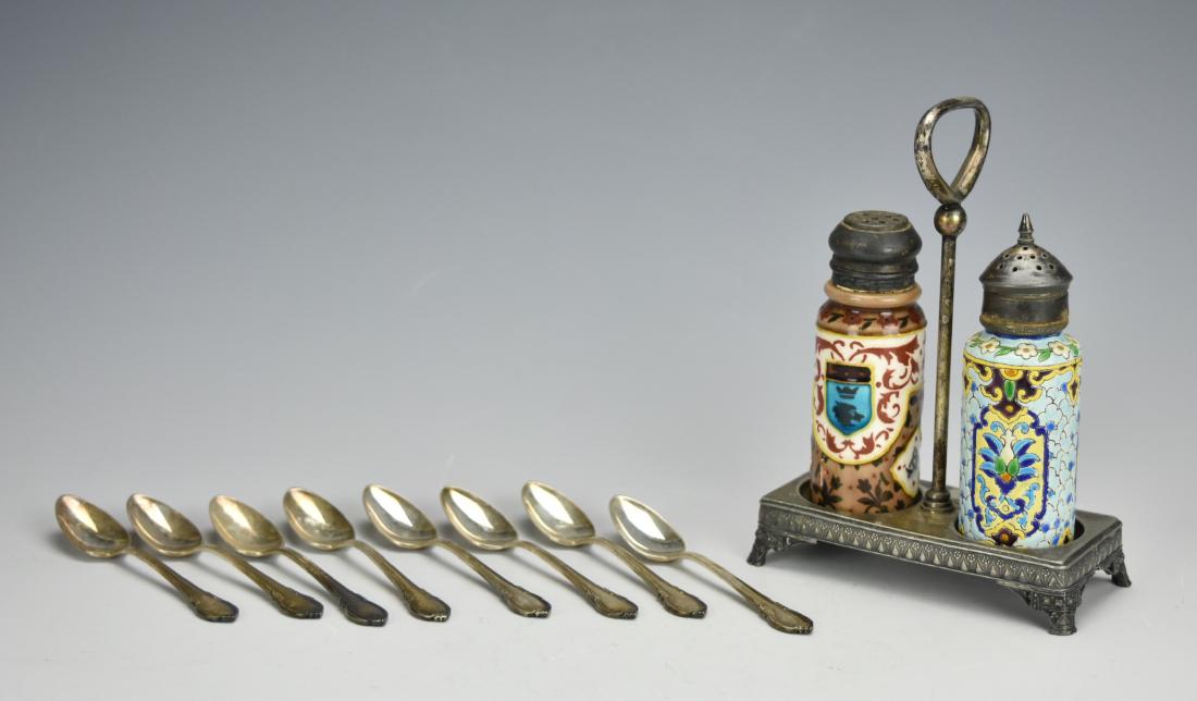 French Ceramic S&P Shakers w/ Holder & Spoons (1 of 4)