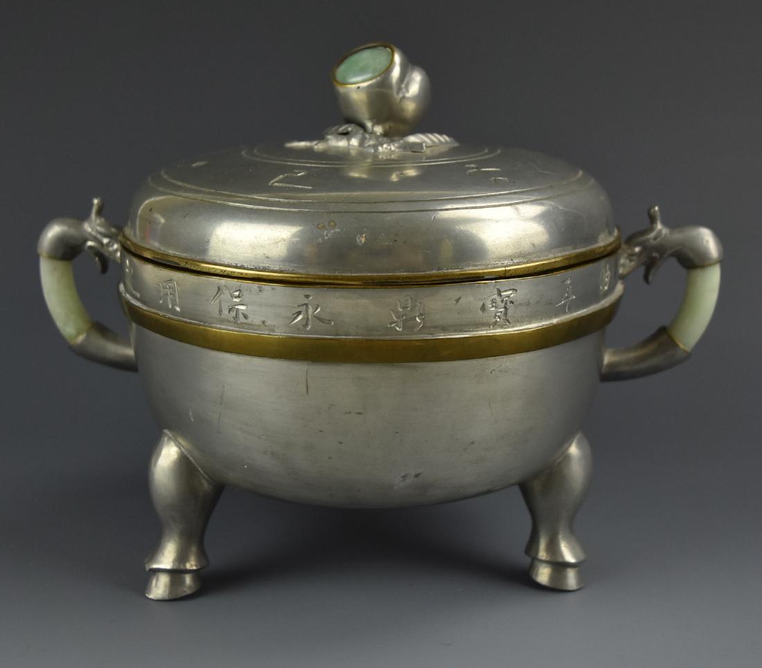 3 Piece Pewter & Jade Tripod Bowl & Cover,19th C. (1 of 13)