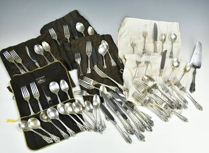 Wallace Sterling Silver Flatware Set For 12: A Wallace sterling silver flatware set for 12 in the "Grand Baroque" pattern, with accompanying serving pieces. W: 8.8lbs (3.99Kg)