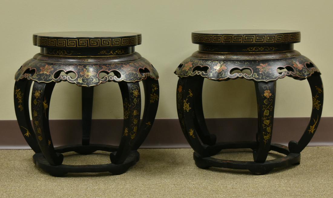 Pair of Japanese, Round, Lacquer Stools,20th C.: A pair of 20th Century, round, ornate, Japanese, wooden stools, the tops with five gentle lobes & images of pheasants within a decorative border, dome-shaped shoulders sit below with flowers painted b