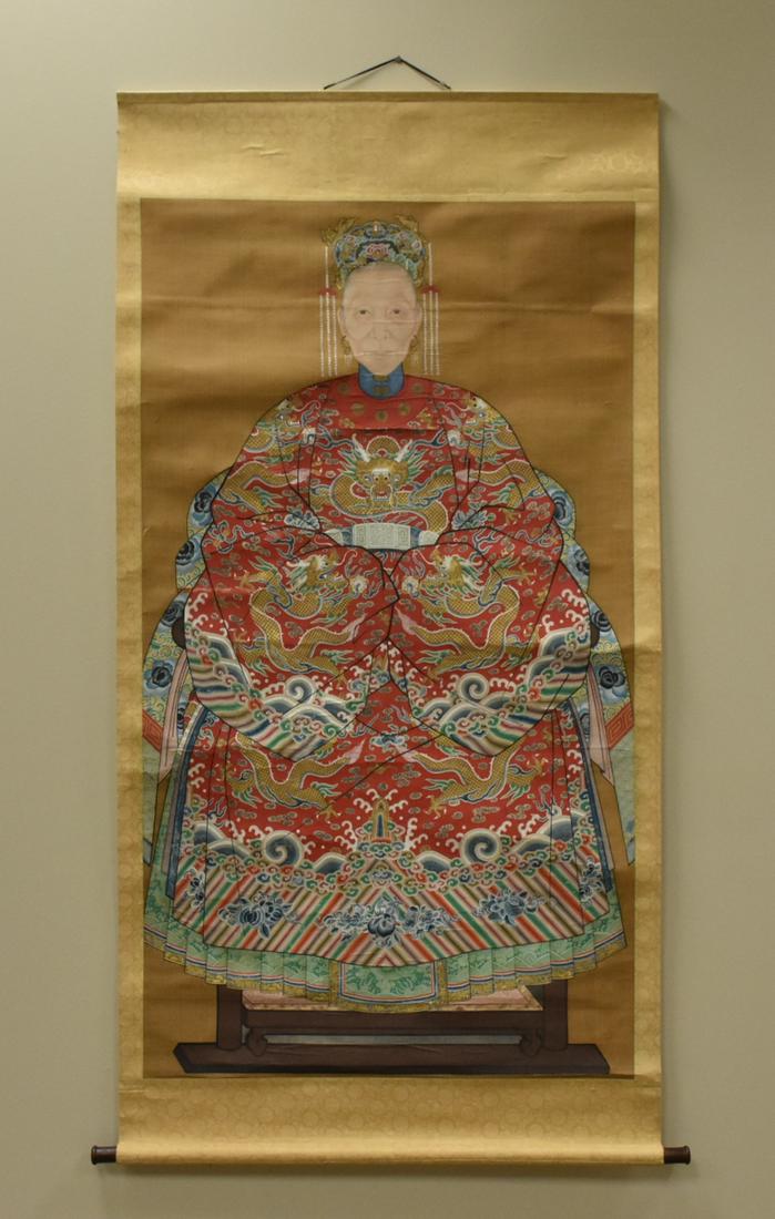 Chinese Water Media Painting of an Woman,Qing D.: A colorful, Chinese, water media on silk painting with patterned silk mounting, an elderly woman, arms folded, with earrings, tassled cap, & lavish red and gold dragon robe, sits in a high chair. L: 5