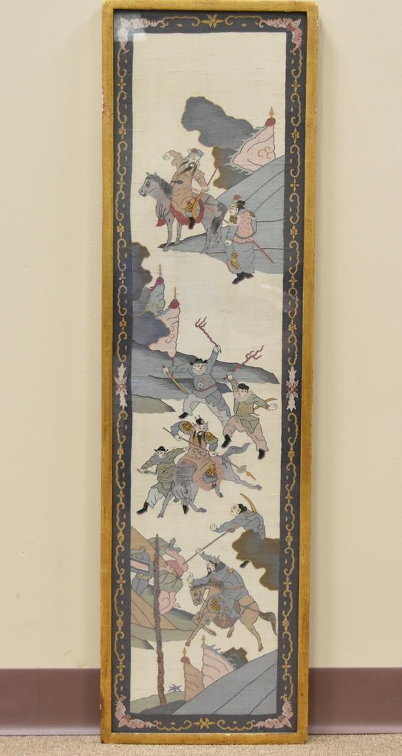 Chinese Kesi Embroidery w/ Battle Scene ,Qing D.: Late Qing D, Chinese Kesi embroidery, vertically oriented ,linen on linen, showing various weapon men & warriors on horseback in a ravine, under glass in gold tone wooden frame D: 42 3/4" (108.5 cm) x