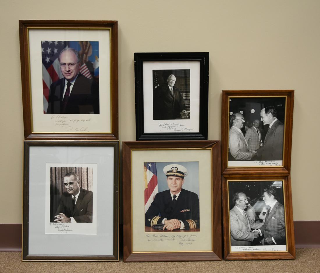 Group of 6 Historical President Photos,Signed: including George Bush Sr., Lindon B. Johnson, Ronald Reagen, Dick Chaney, Warren Burger and Robert Murran H: 11 3/8"(29cm) H: 11 3/8"(29cm) H: 16"(41cm) H: 11 5/8"(29.5cm) H: 16"(41cm) H: 15 1/2"(39.5